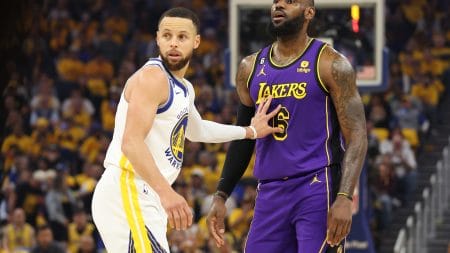 Suns vs Warriors Props – Best Daily Fantasy Pick'em Apps Stephen Curry #30 of the Golden State Warriors defends LeBron James #6 of the Los Angeles Lakers during the first quarter in game two of the Western Conference Semifinal Playoffs at Chase Center on May 04, 2023 in San Francisco, California.