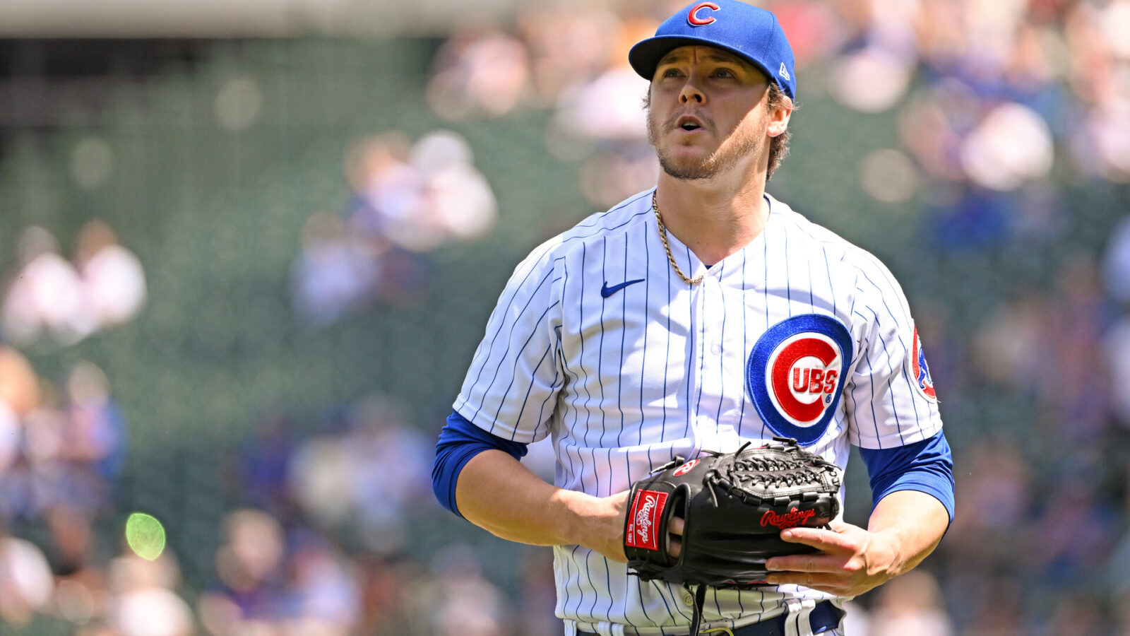 Justin Steele #35 of the Chicago Cubs reacts after the first inning against the Miami Marlins at Wrigley Field on May 05, 2023 in Chicago, Illinois.