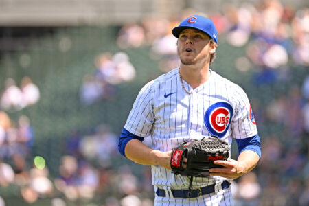 Justin Steele #35 of the Chicago Cubs reacts after the first inning against the Miami Marlins at Wrigley Field on May 05, 2023 in Chicago, Illinois.