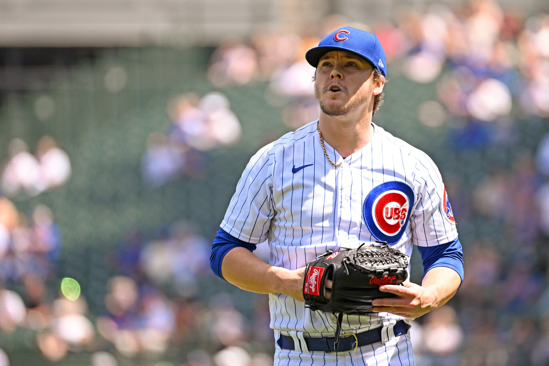 Justin Steele #35 of the Chicago Cubs reacts after the first inning against the Miami Marlins at Wrigley Field on May 05, 2023 in Chicago, Illinois.