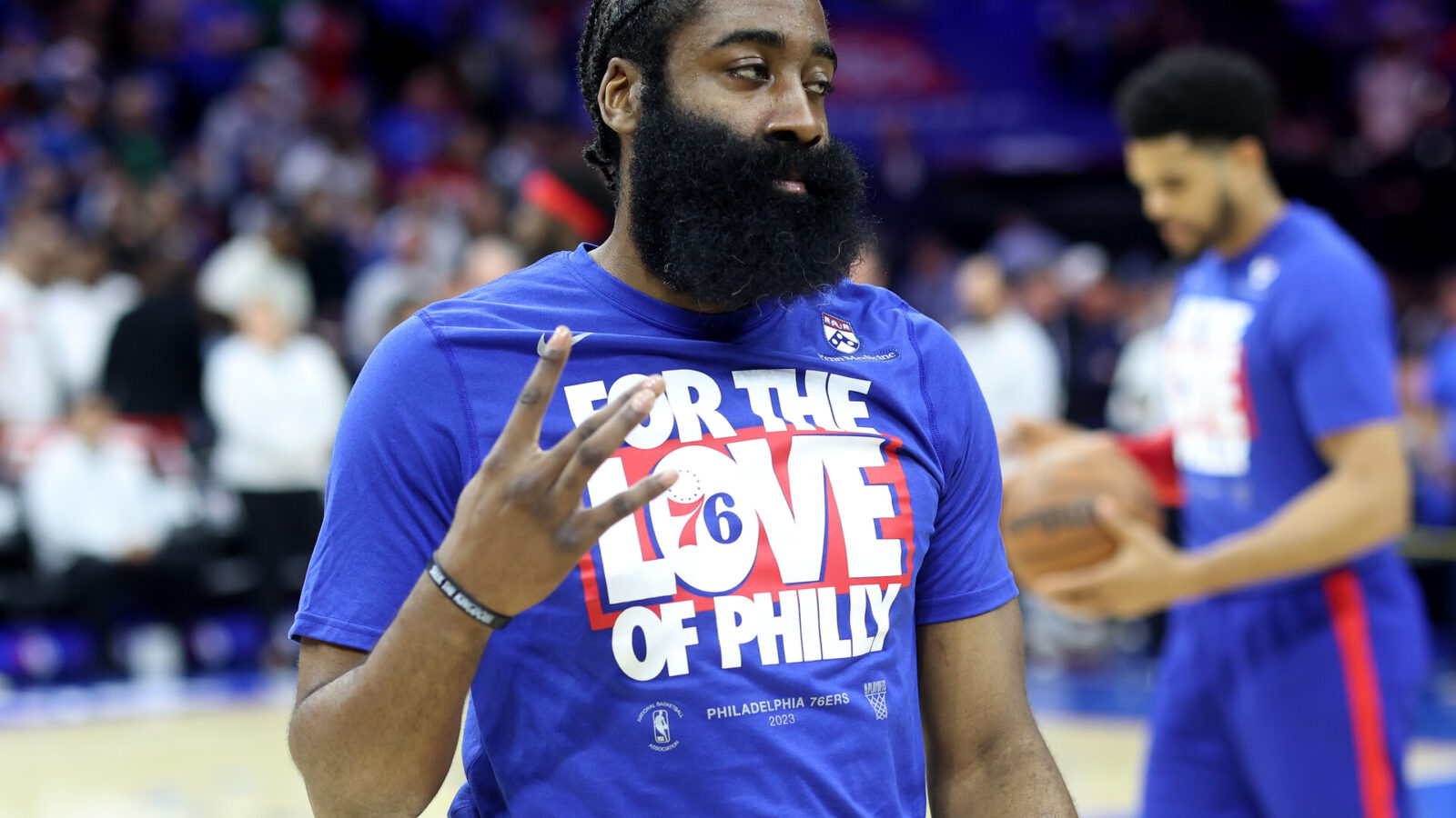 James Harden #1 of the Philadelphia 76ers reacts prior to game three of the Eastern Conference Second Round Playoffs against the Boston Celtics at Wells Fargo Center on May 05, 2023 in Philadelphia, Pennsylvania.