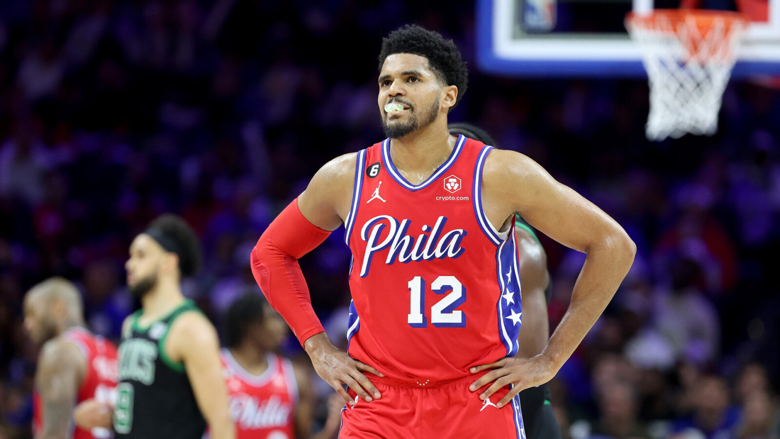 PHILADELPHIA, PENNSYLVANIA - MAY 05: Tobias Harris #12 of the Philadelphia 76ers reacts against the Boston Celtics during the third quarter in game three of the Eastern Conference Second Round Playoffs at Wells Fargo Center on May 05, 2023 in Philadelphia, Pennsylvania. NOTE TO USER: User expressly acknowledges and agrees that, by downloading and or using this photograph, User is consenting to the terms and conditions of the Getty Images License Agreement.