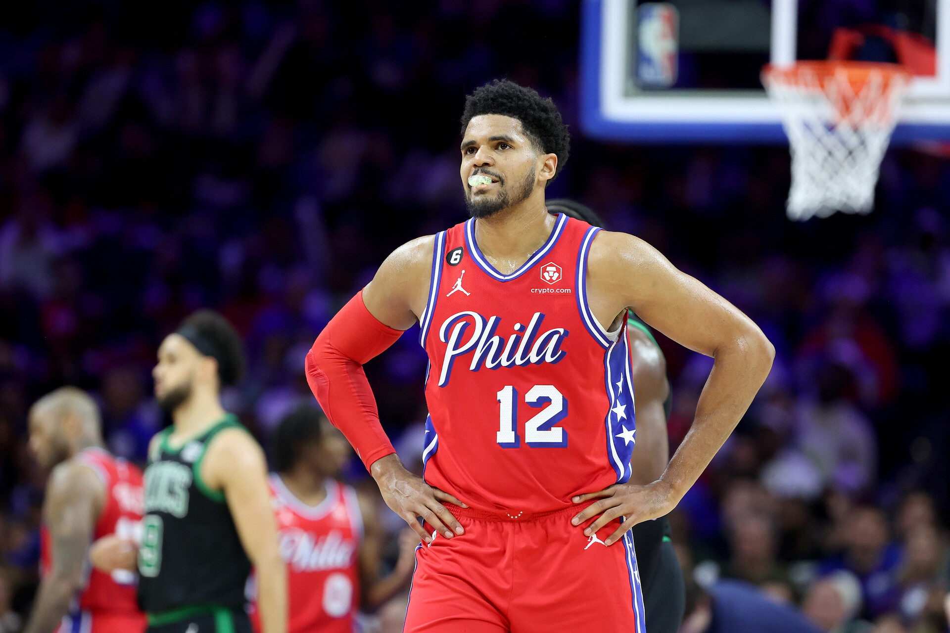 PHILADELPHIA, PENNSYLVANIA - MAY 05: Tobias Harris #12 of the Philadelphia 76ers reacts against the Boston Celtics during the third quarter in game three of the Eastern Conference Second Round Playoffs at Wells Fargo Center on May 05, 2023 in Philadelphia, Pennsylvania. NOTE TO USER: User expressly acknowledges and agrees that, by downloading and or using this photograph, User is consenting to the terms and conditions of the Getty Images License Agreement.