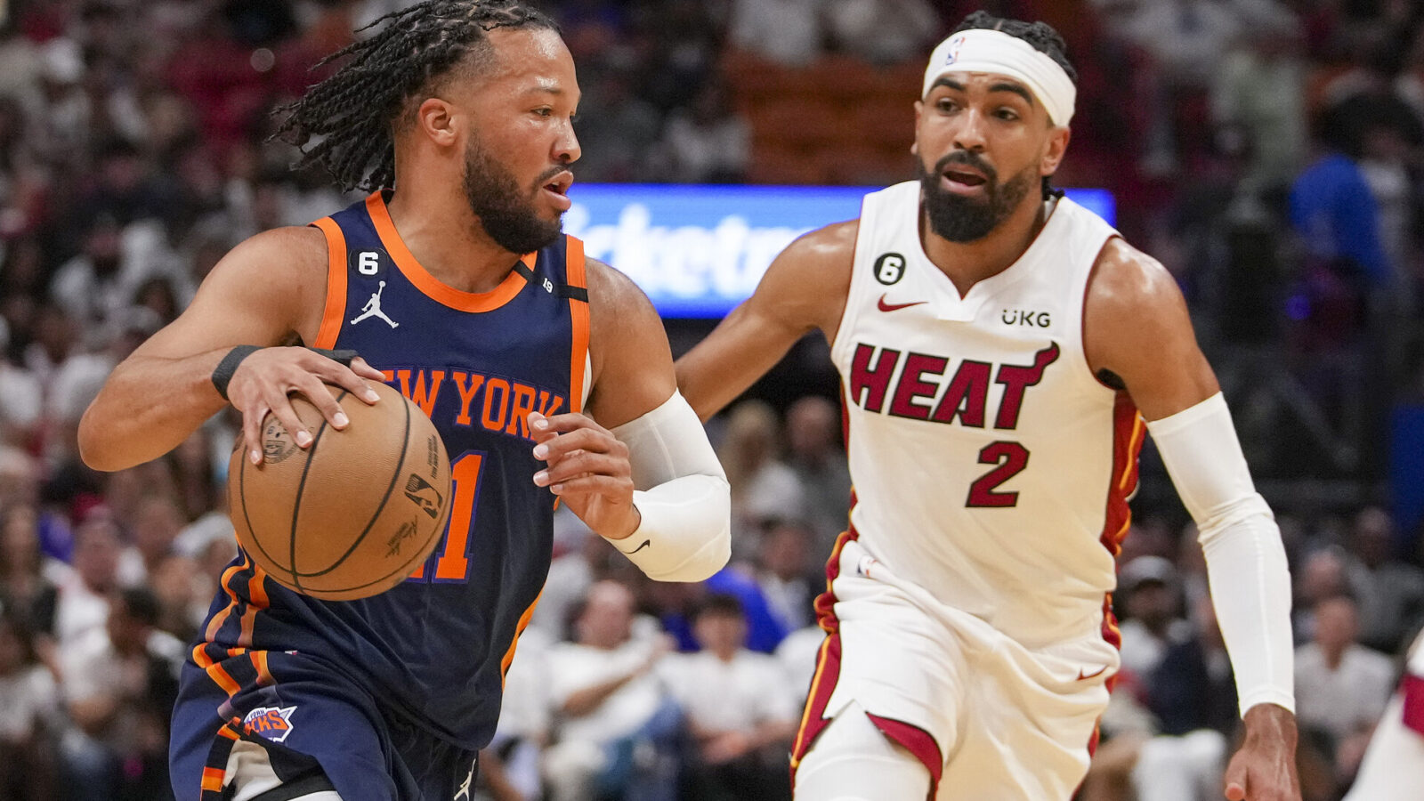 Jalen Brunson #11 of the New York Knicks drives past Gabe Vincent #2 of the Miami Heat during game three of the Eastern Conference Semifinals at Kaseya Center on May 06, 2023 in Miami, Florida.