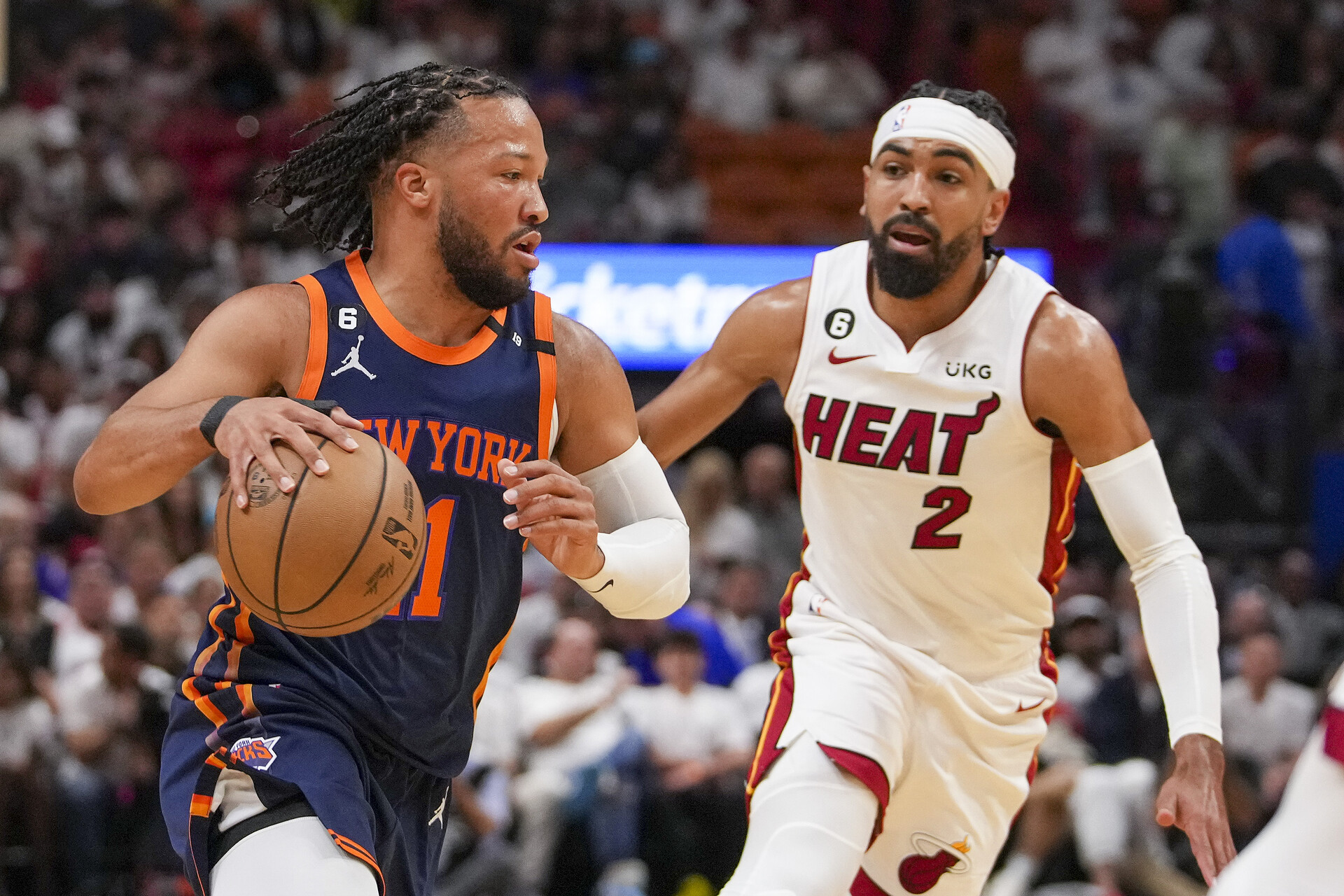 Jalen Brunson #11 of the New York Knicks drives past Gabe Vincent #2 of the Miami Heat during game three of the Eastern Conference Semifinals at Kaseya Center on May 06, 2023 in Miami, Florida.