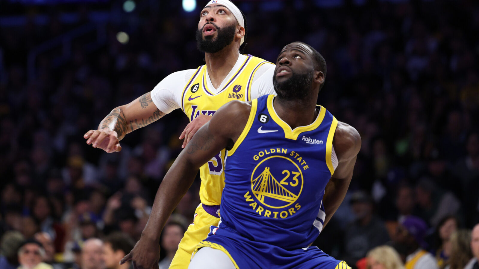 Anthony Davis #3 of the Los Angeles Lakers and Draymond Green #23 of the Golden State Warriors battle for a rebound during the first quarter in game four of the Western Conference Semifinal Playoffs at Crypto.com Arena on May 08, 2023 in Los Angeles, California.