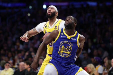 Anthony Davis #3 of the Los Angeles Lakers and Draymond Green #23 of the Golden State Warriors battle for a rebound during the first quarter in game four of the Western Conference Semifinal Playoffs at Crypto.com Arena on May 08, 2023 in Los Angeles, California.