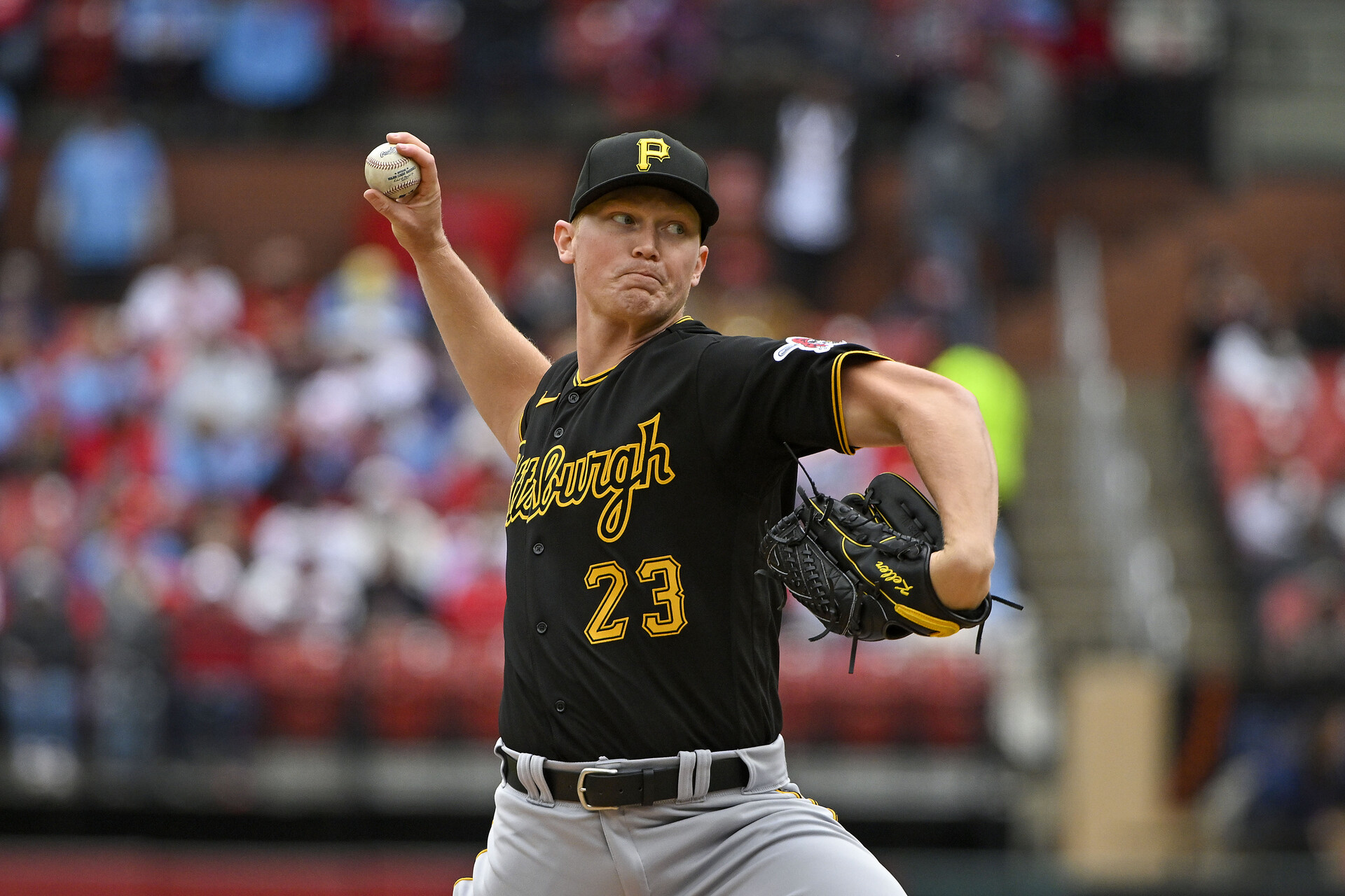 Pittsburgh Pirates starting pitcher Mitch Keller (23) pitches against the St. Louis Cardinals during the first inning at Busch Stadium.