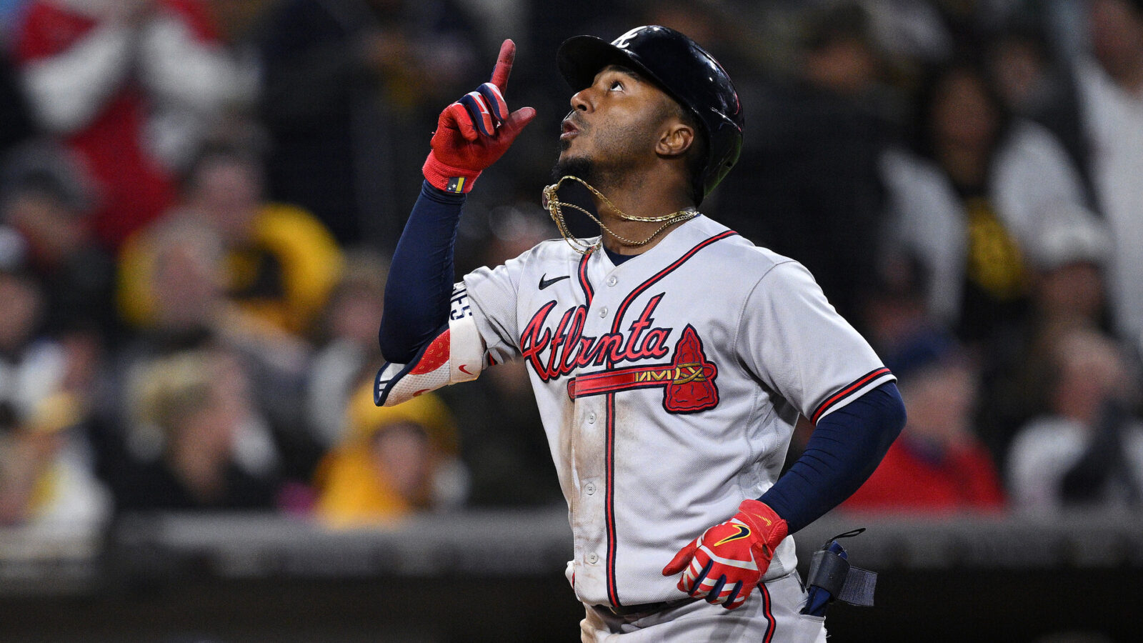 Atlanta Braves second baseman Ozzie Albies (1) gestures while rounding the bases after hitting a three-run home run during the eighth inning against the San Diego Padres at Petco Park.