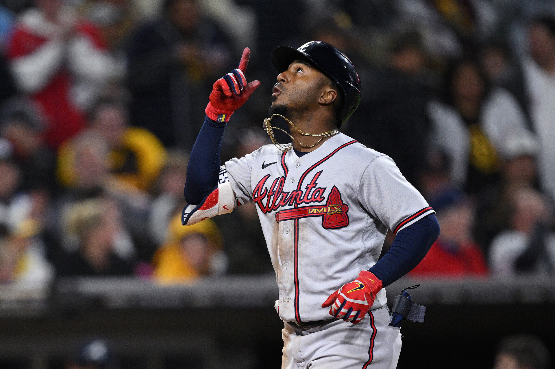 Atlanta Braves second baseman Ozzie Albies (1) gestures while rounding the bases after hitting a three-run home run during the eighth inning against the San Diego Padres at Petco Park.