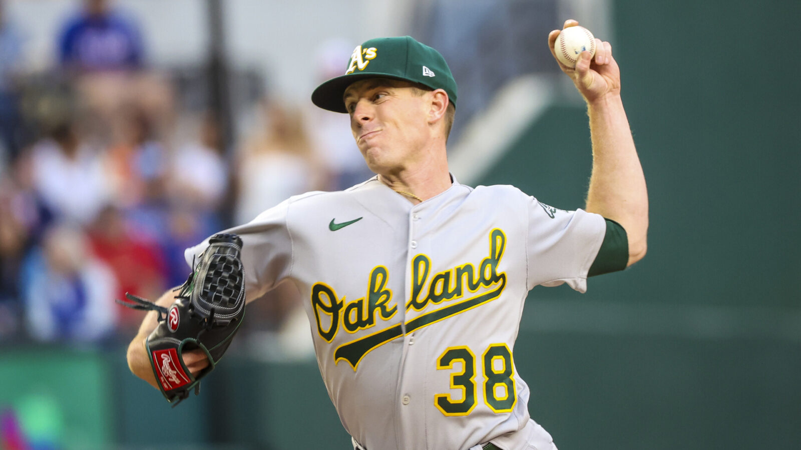 Oakland Athletics starting pitcher JP Sears (38) throws during the first inning against the Texas Rangers at Globe Life Field.