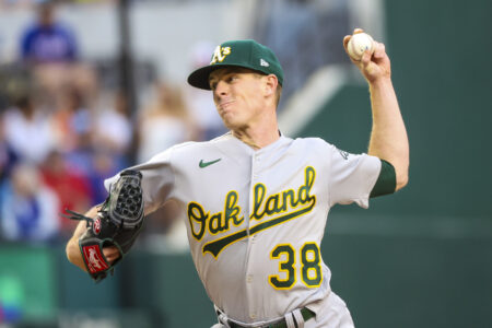 Oakland Athletics starting pitcher JP Sears (38) throws during the first inning against the Texas Rangers at Globe Life Field.