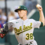 Oakland Athletics starting pitcher JP Sears (38) throws during the first inning against the Texas Rangers at Globe Life Field.