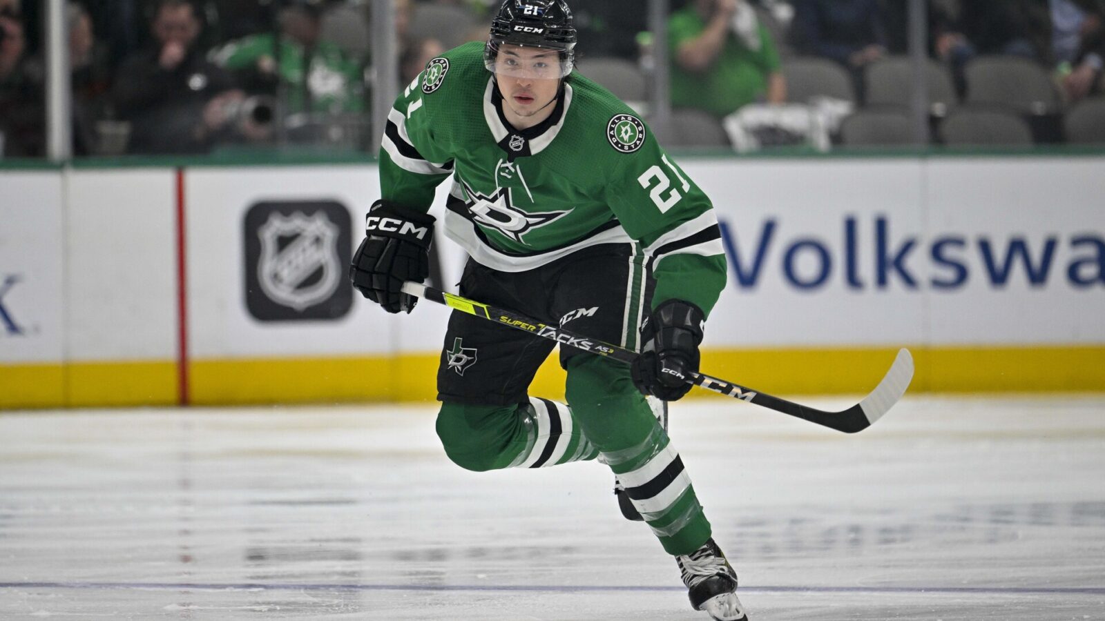 Apr 25, 2023; Dallas, Texas, USA; Dallas Stars left wing Jason Robertson (21) in action during the game between the Dallas Stars and the Minnesota Wild in game five of the first round of the 2023 Stanley Cup Playoffs at American Airlines Center.