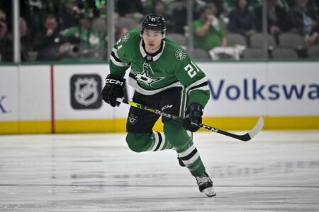 Apr 25, 2023; Dallas, Texas, USA; Dallas Stars left wing Jason Robertson (21) in action during the game between the Dallas Stars and the Minnesota Wild in game five of the first round of the 2023 Stanley Cup Playoffs at American Airlines Center.
