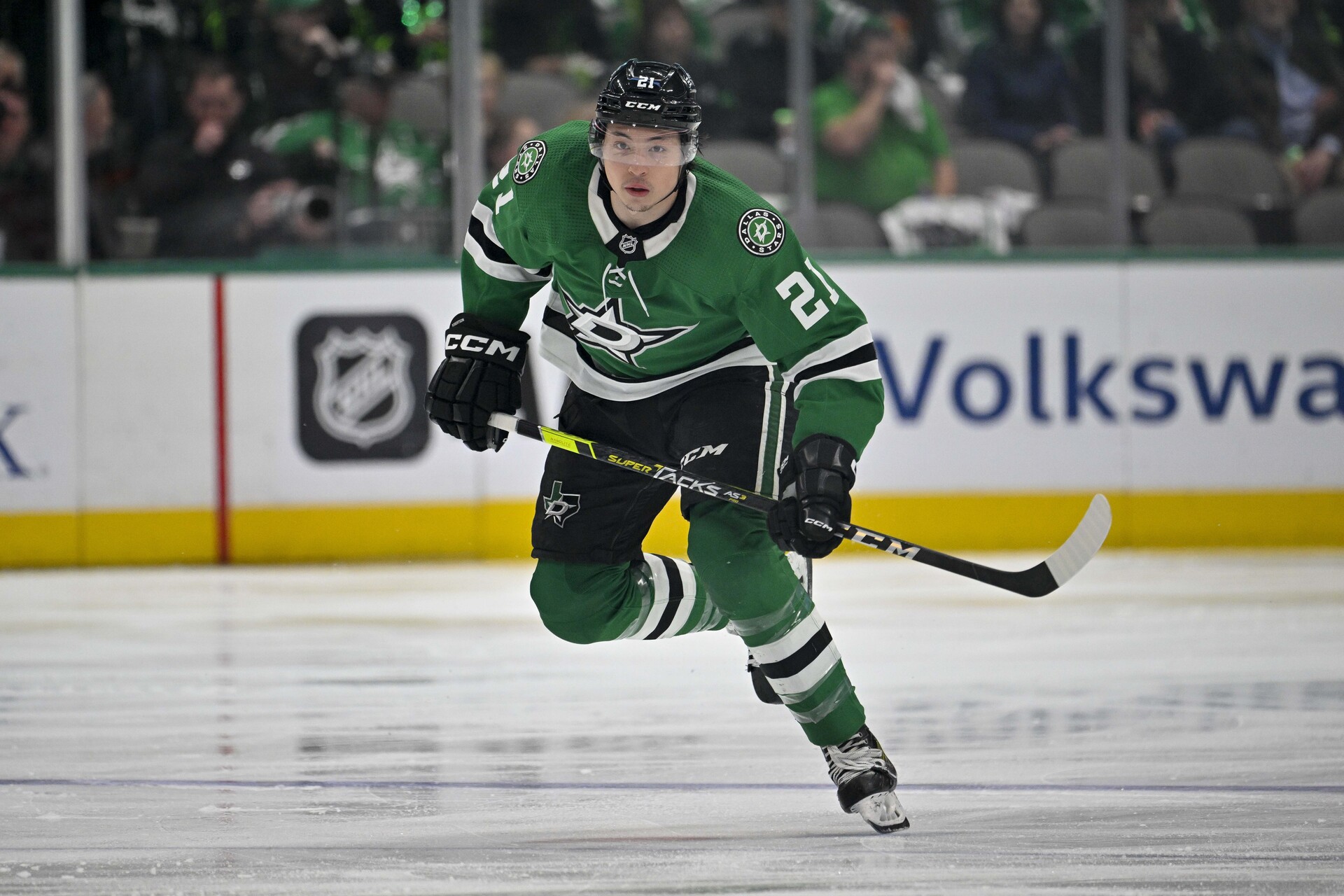 Apr 25, 2023; Dallas, Texas, USA; Dallas Stars left wing Jason Robertson (21) in action during the game between the Dallas Stars and the Minnesota Wild in game five of the first round of the 2023 Stanley Cup Playoffs at American Airlines Center.