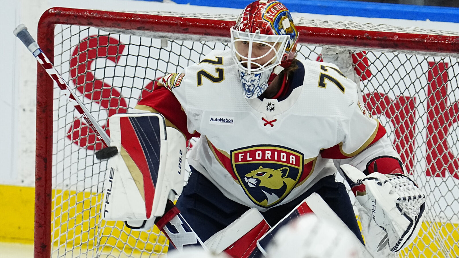 Florida Panthers goaltender Sergei Bobrovsky (72) makes a blocker save during warm up before game two of the second round of the 2023 Stanley Cup Playoffs against the Toronto Maple Leafs at Scotiabank Arena.