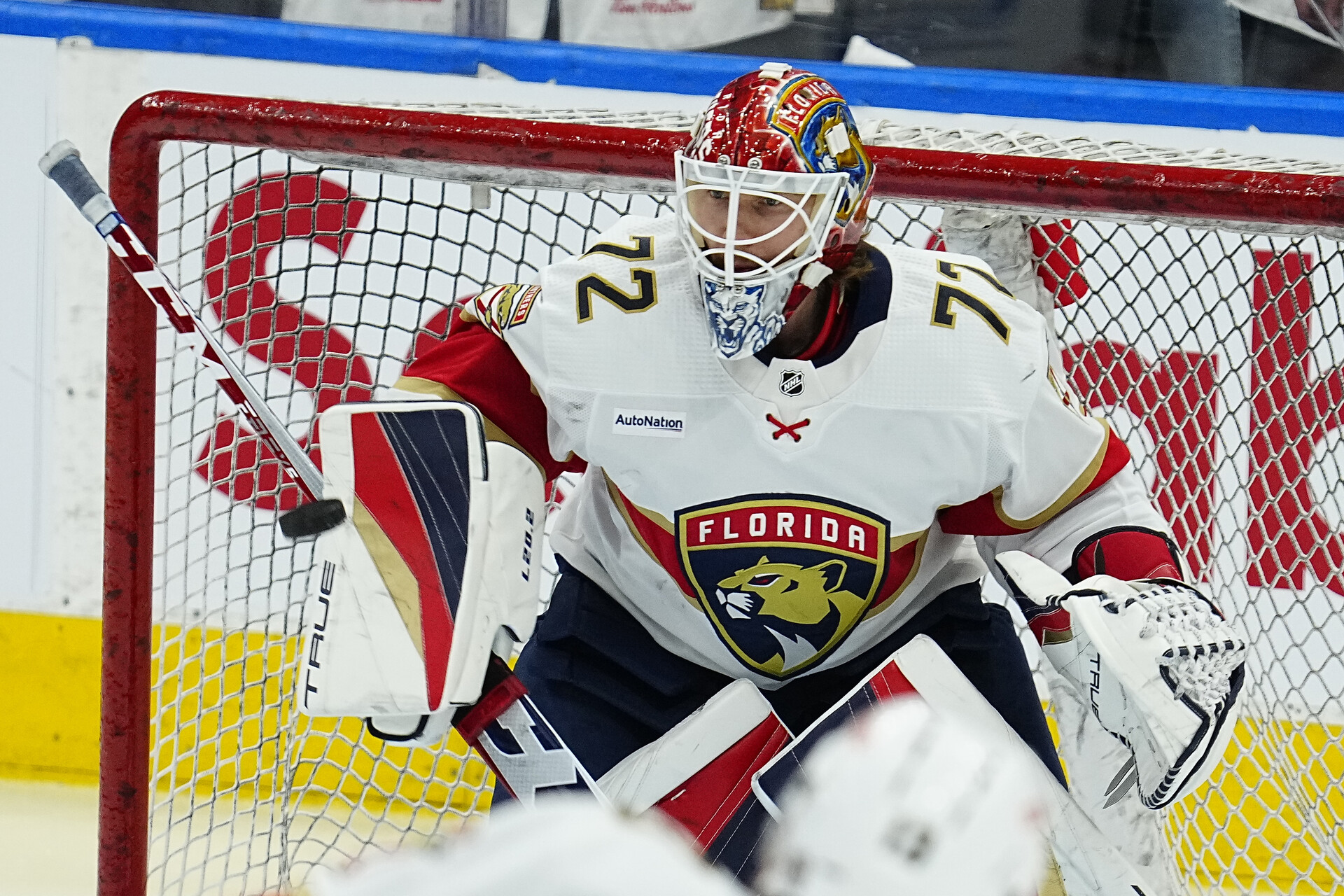 Florida Panthers goaltender Sergei Bobrovsky (72) makes a blocker save during warm up before game two of the second round of the 2023 Stanley Cup Playoffs against the Toronto Maple Leafs at Scotiabank Arena.