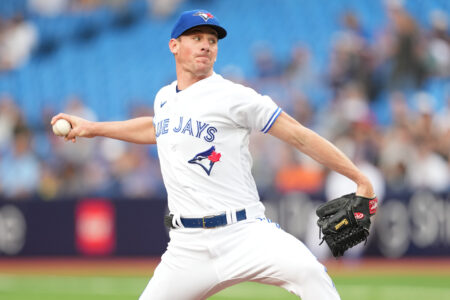 Toronto Blue Jays starting pitcher Chris Bassitt (40) throws a pitch against the Atlanta Braves during the first inning at Rogers Centre.