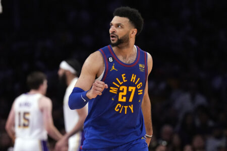Denver Nuggets guard Jamal Murray (27) reacts in the fourth quarter against the Los Angeles Lakers during game three of the Western Conference Finals for the 2023 NBA playoffs at Crypto.com Arena.