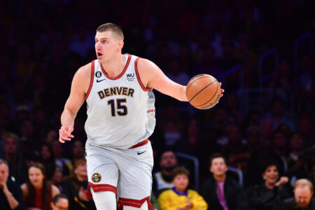 May 22, 2023; Los Angeles, California, USA; Denver Nuggets center Nikola Jokic (15) drives to the basket against the Los Angeles Lakers during the first quarter in game four of the Western Conference Finals for the 2023 NBA playoffs at Crypto.com Arena.