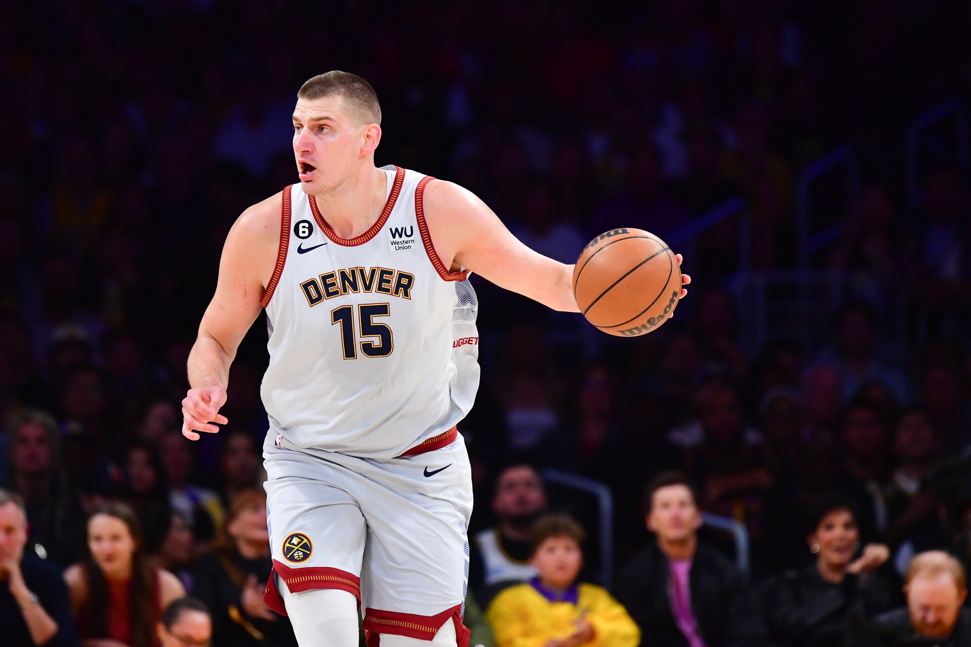 May 22, 2023; Los Angeles, California, USA; Denver Nuggets center Nikola Jokic (15) drives to the basket against the Los Angeles Lakers during the first quarter in game four of the Western Conference Finals for the 2023 NBA playoffs at Crypto.com Arena.