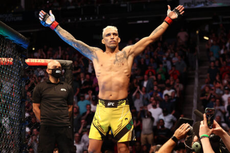 May 15, 2021; Houston, Texas, USA; Charles Oliveira reacts for his fight against Michael Chandler during UFC 262 at Toyota Center.