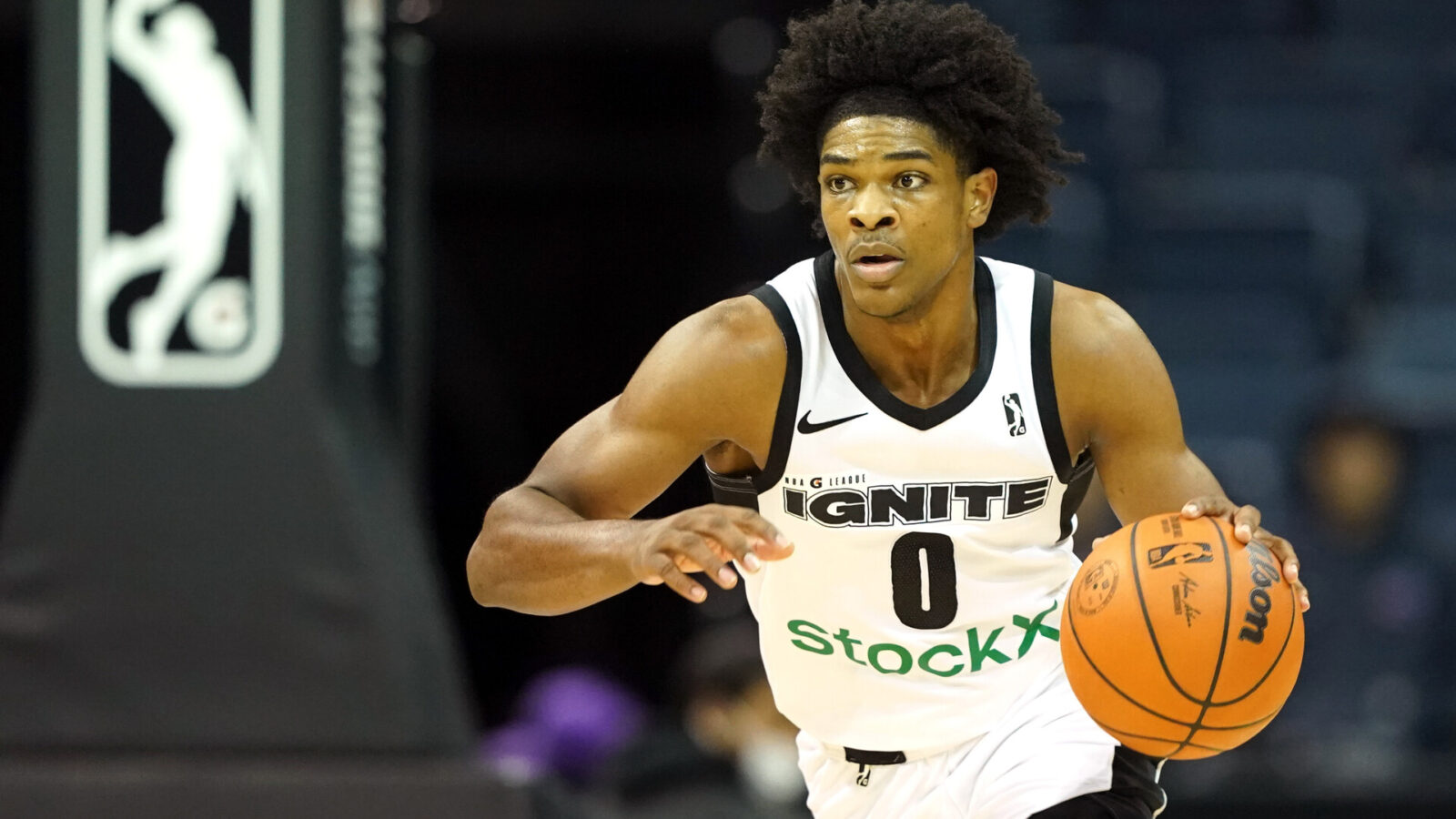 G League Ignite guard Scoot Henderson (0) dribbles during the third quarter against the Stockton Kings at Stockton Arena.