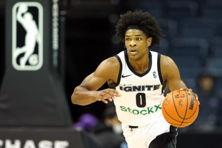 G League Ignite guard Scoot Henderson (0) dribbles during the third quarter against the Stockton Kings at Stockton Arena.