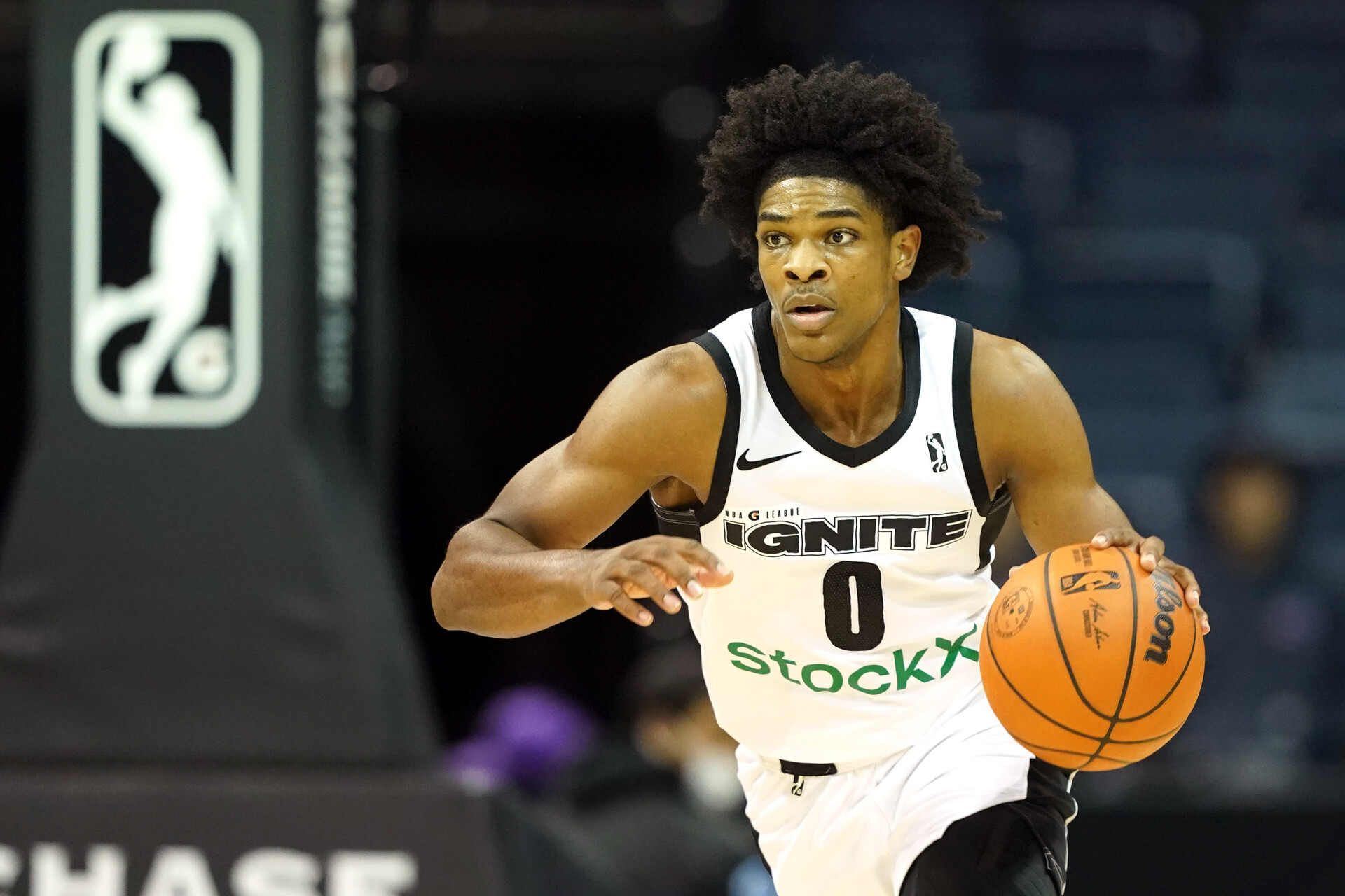 G League Ignite guard Scoot Henderson (0) dribbles during the third quarter against the Stockton Kings at Stockton Arena.