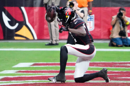 Oct 9, 2022; Phoenix, Arizona, USA; Arizona Cardinals wide receiver Marquise Brown (2) reacts after scoring a touchdown against the Philadelphia Eagles in the first half at State Farm Stadium.