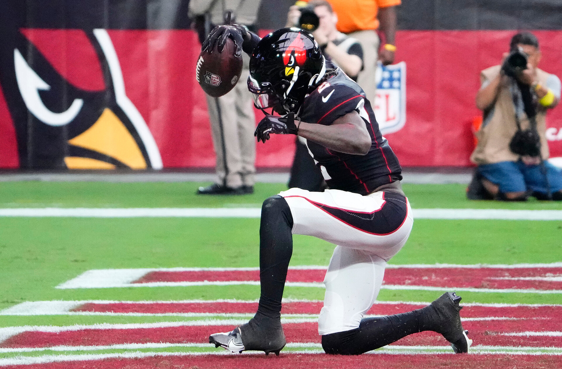 Oct 9, 2022; Phoenix, Arizona, USA; Arizona Cardinals wide receiver Marquise Brown (2) reacts after scoring a touchdown against the Philadelphia Eagles in the first half at State Farm Stadium.