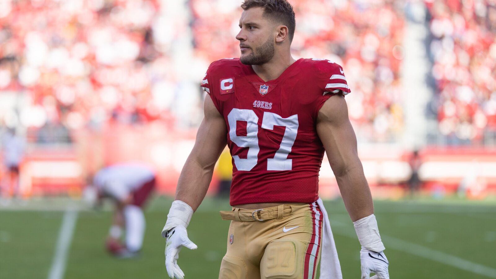 Dec 24, 2022; Santa Clara, California, USA; San Francisco 49ers defensive end Nick Bosa (97) before the start of the third quarter against the Washington Commanders at Levi's Stadium.
