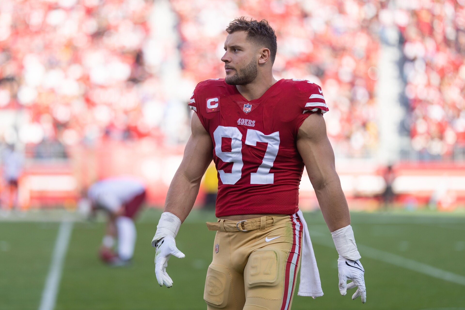 Dec 24, 2022; Santa Clara, California, USA; San Francisco 49ers defensive end Nick Bosa (97) before the start of the third quarter against the Washington Commanders at Levi's Stadium.