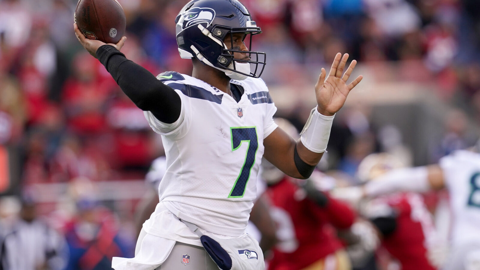 Jan 14, 2023; Santa Clara, California, USA; Seattle Seahawks quarterback Geno Smith (7) makes a throw in the second quarter of a wild card game against the San Francisco 49ers at Levi's Stadium.