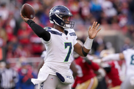 Jan 14, 2023; Santa Clara, California, USA; Seattle Seahawks quarterback Geno Smith (7) makes a throw in the second quarter of a wild card game against the San Francisco 49ers at Levi's Stadium.
