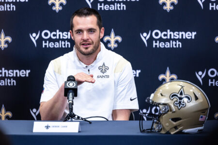 New Orleans Saints quarterback Derek Carr (4) speaks at Ochsner Sports Performance Center.