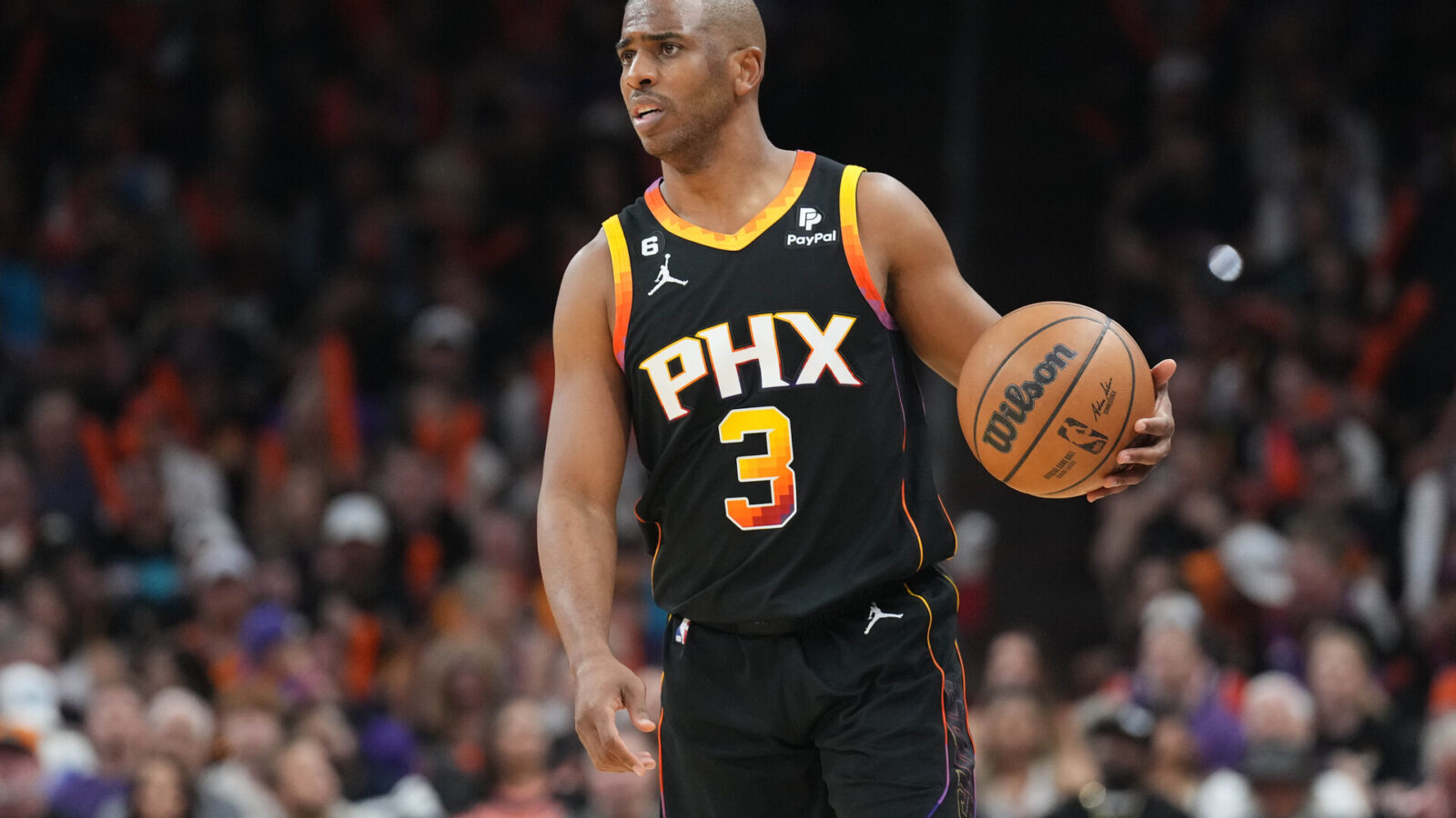 Apr 16, 2023; Phoenix, Arizona, USA; Phoenix Suns guard Chris Paul (3) dribbles against the LA Clippers during the second half of game one of the 2023 NBA playoffs at Footprint Center.