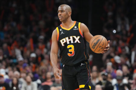 Apr 16, 2023; Phoenix, Arizona, USA; Phoenix Suns guard Chris Paul (3) dribbles against the LA Clippers during the second half of game one of the 2023 NBA playoffs at Footprint Center.