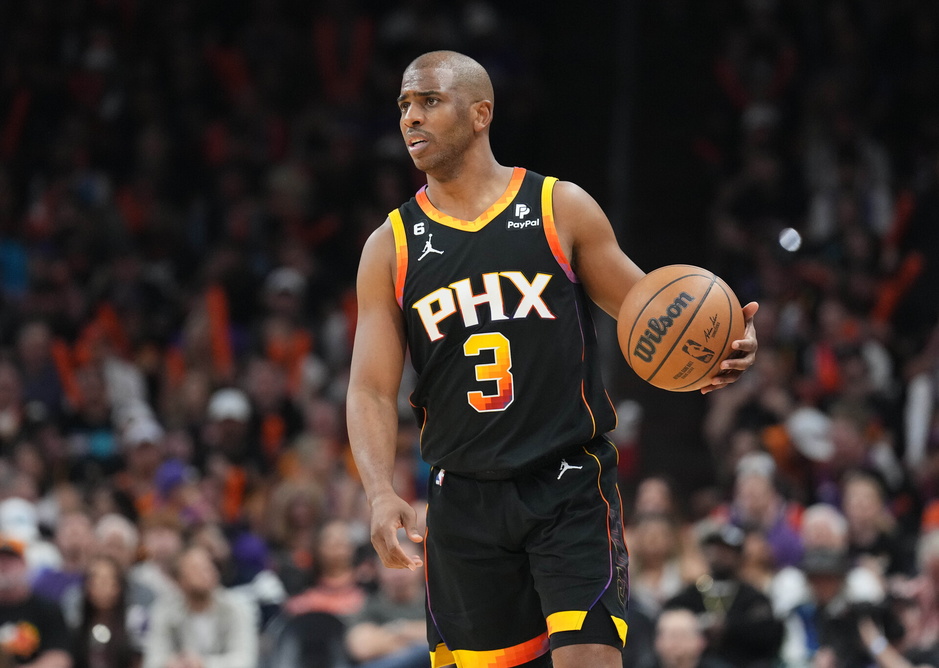 Apr 16, 2023; Phoenix, Arizona, USA; Phoenix Suns guard Chris Paul (3) dribbles against the LA Clippers during the second half of game one of the 2023 NBA playoffs at Footprint Center.
