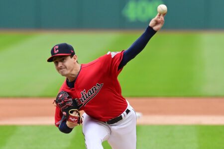 Cleveland Guardians pitcher Logan Allen (41) throws a pitch during the first inning against the Miami Marlins at Progressive Field.