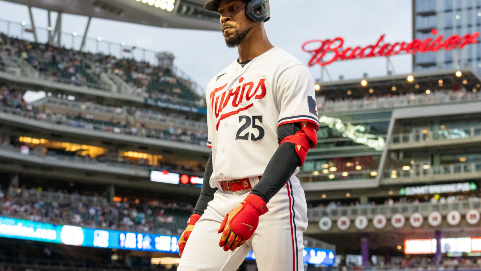 May 12, 2023; Minneapolis, Minnesota, USA; Minnesota Twins designated hitter Byron Buxton (25) walks off the field after popping out to Chicago Cubs first baseman Matt Mervis (22) in the third inning at Target Field.