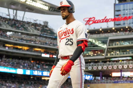 May 12, 2023; Minneapolis, Minnesota, USA; Minnesota Twins designated hitter Byron Buxton (25) walks off the field after popping out to Chicago Cubs first baseman Matt Mervis (22) in the third inning at Target Field.