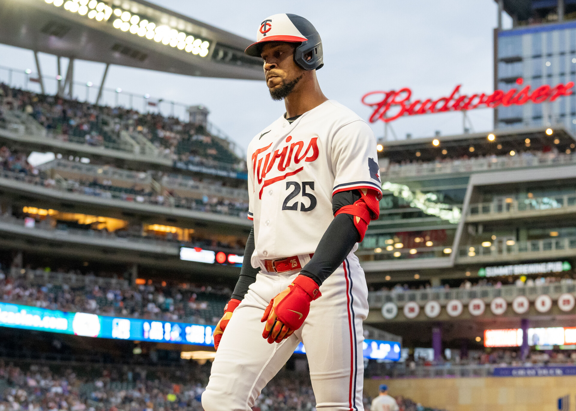 May 12, 2023; Minneapolis, Minnesota, USA; Minnesota Twins designated hitter Byron Buxton (25) walks off the field after popping out to Chicago Cubs first baseman Matt Mervis (22) in the third inning at Target Field.