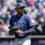 Tampa Bay Rays starting pitcher Taj Bradley (45) reacts after allowing a solo home run to New York Mets first baseman Pete Alonso (not pictured) during the fourth inning at Citi Field.