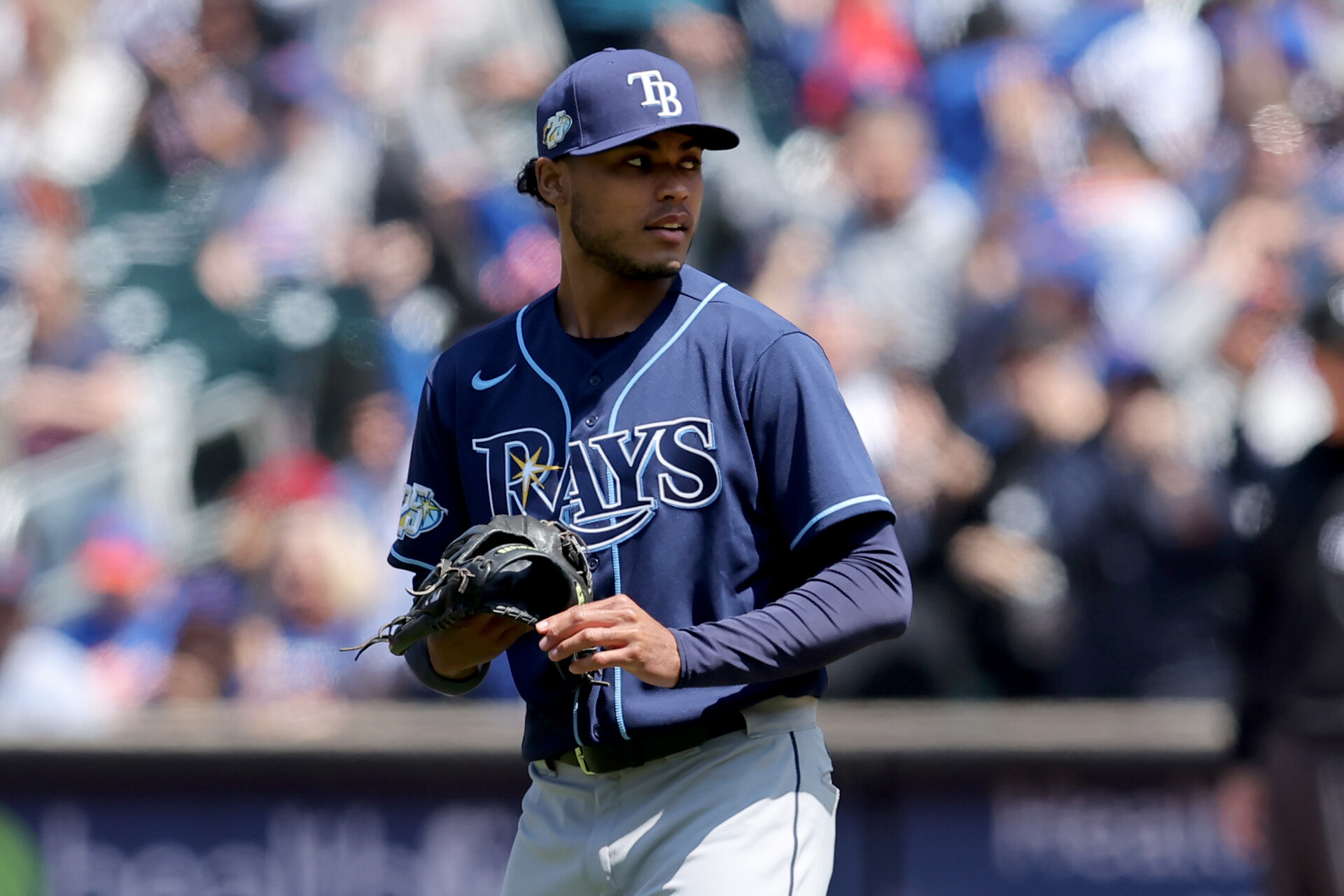 Tampa Bay Rays starting pitcher Taj Bradley (45) reacts after allowing a solo home run to New York Mets first baseman Pete Alonso (not pictured) during the fourth inning at Citi Field.