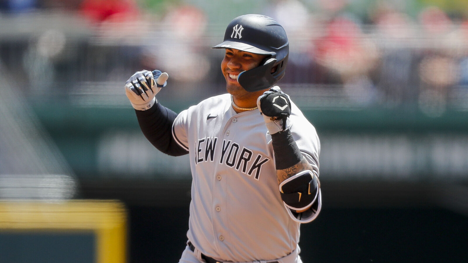 New York Yankees second baseman Gleyber Torres (25) reacts after hitting a solo home run in the sixth inning against the Cincinnati Reds at Great American Ball Park.