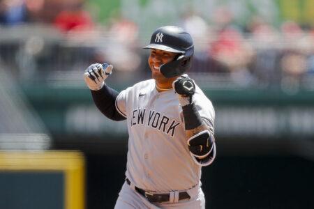 New York Yankees second baseman Gleyber Torres (25) reacts after hitting a solo home run in the sixth inning against the Cincinnati Reds at Great American Ball Park.