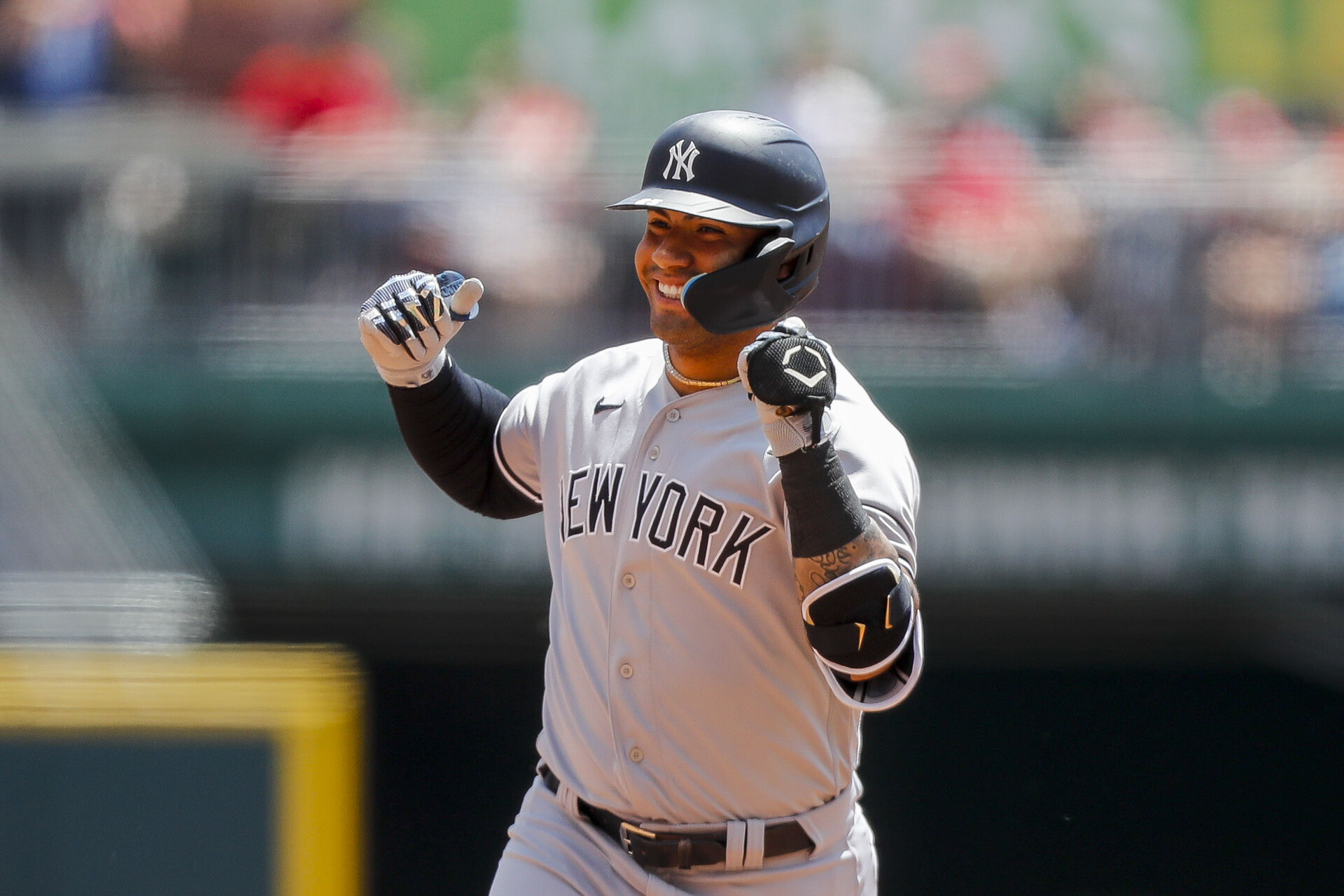 New York Yankees second baseman Gleyber Torres (25) reacts after hitting a solo home run in the sixth inning against the Cincinnati Reds at Great American Ball Park.