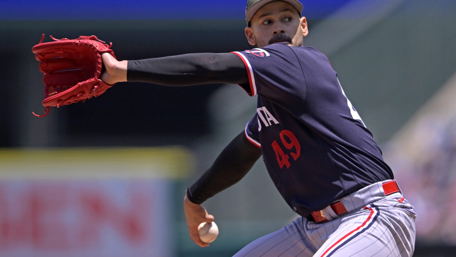 May 21, 2023; Anaheim, California, USA; Minnesota Twins starting pitcher Pablo Lopez (49) throws to the plate in the first inning against the Los Angeles Angels at Angel Stadium.